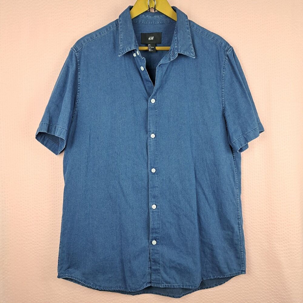 H&M Denim Like 100% Cotton Men Shirt Slim Fit Button Up Size L Short Sleeve